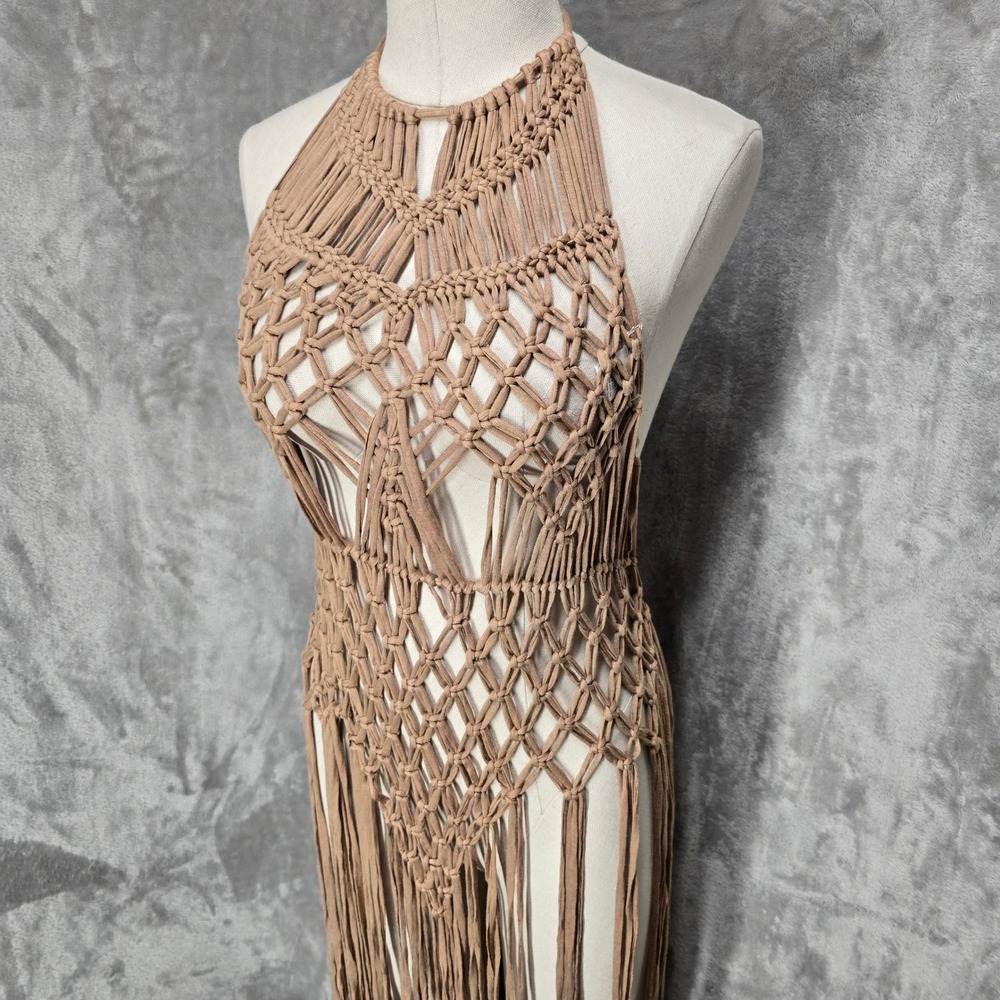 Love Sense Coverup Layer Dress Women S/M Tan Boho Fringe Halter Festival Macrame - Picture 11 of 12